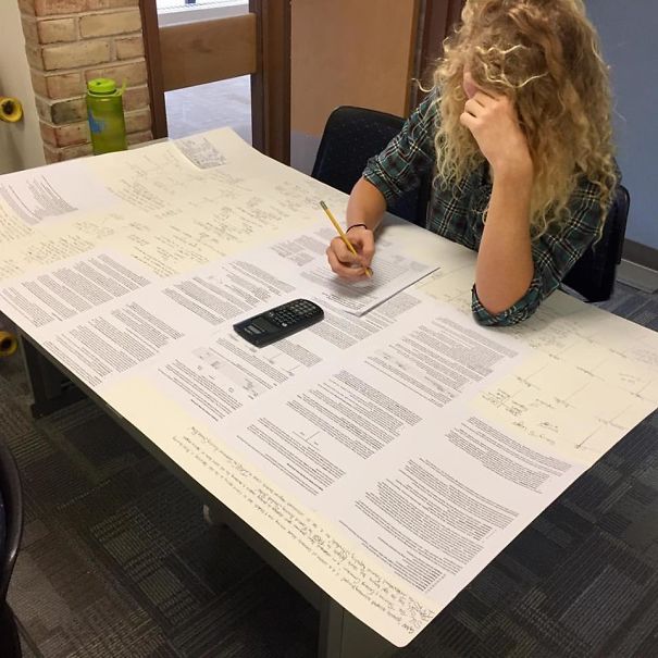 First Test Day Of The Semester And As Always, I Allow A 3x5 Notecard. Today, A Student Shows Up With This. Sure Enough, It Is 3x5... Feet. As Precise As I Am, Apparently I Never Specified Inches And Therefore Yes, It Was Allowed. Well Played And Lesson Learned For Me