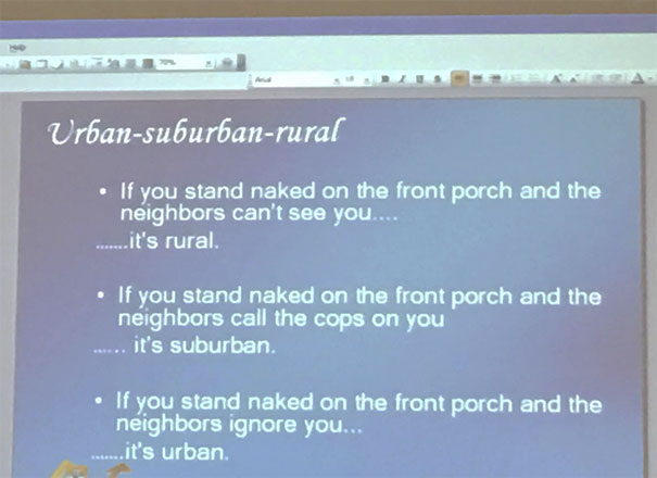 Funny presentation about urban, suburban and rural