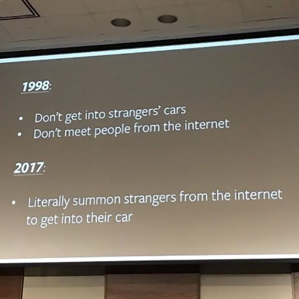 Funny presentation about 1998 vs 2017 statements about meet people from internet