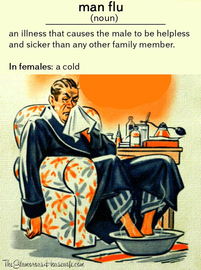 Cartoon man with a cold, wrapped in a robe, tissues in hand, and surrounded by medicine, illustrating man flu humor.