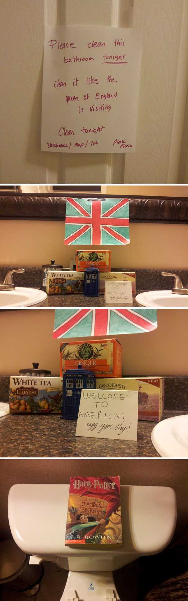 a note to clean the room, pictures of a cleaned room welcoming queen of England 