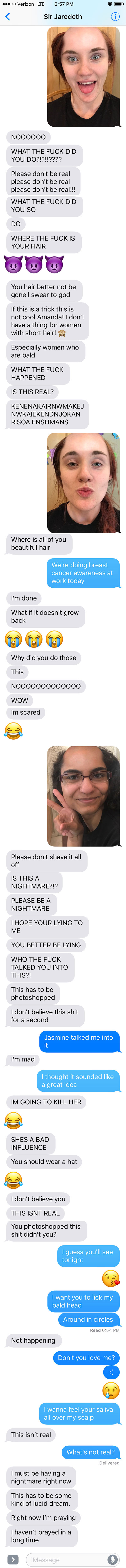 woman pranking her boyfriend she shaved her head 