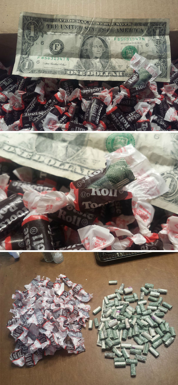 dollar bills inside candy wrap 