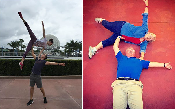 man holding woman in the air (left), older couple lying on the floor repeating their image (right)