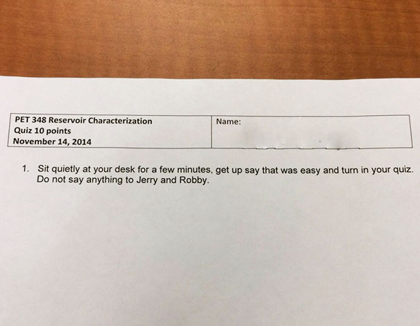 a quiz with note that says to turn in the quiz and say it was easy 