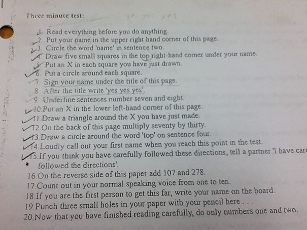 three minutes test with instructions 