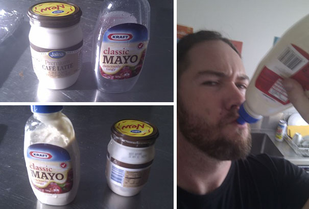 man drinking latte from the mayo bottle 