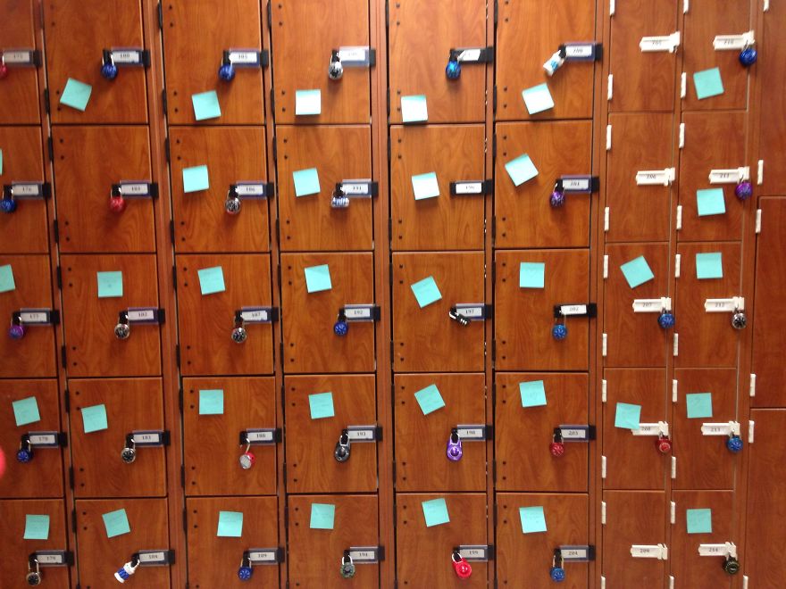 Students In My School Covered It's Lockers With Supportive Post-It Notes After 12th Grader Committed Suicide
