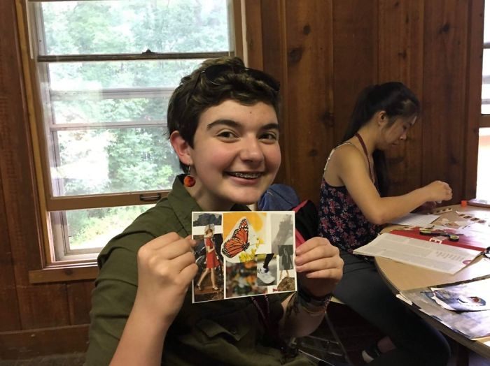 Person smiling and holding a collage, illustrating that depression symptoms have no face.