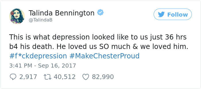Chester Bennington's Widow Posts Video Of Him 36 Hours Before His Death - "This Is What Depression Looked Like To Us" Chester Bennington's Widow Posts Video Of Him 36 Hours Before His Death - "This Is What Depression Looked Like To Us"