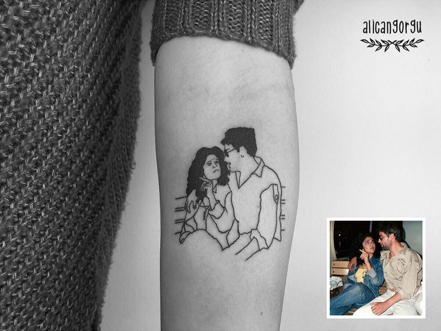 Tattoo of a nostalgic childhood photo on arm, featuring a couple looking at each other.