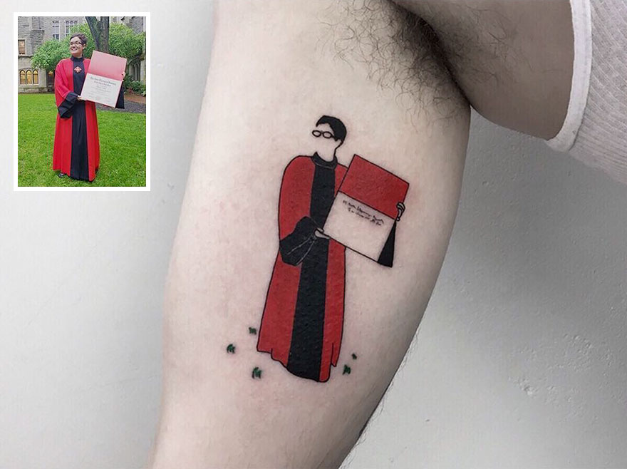 Stylish tattoo of a nostalgic childhood photo, featuring a person in red robes holding a document.