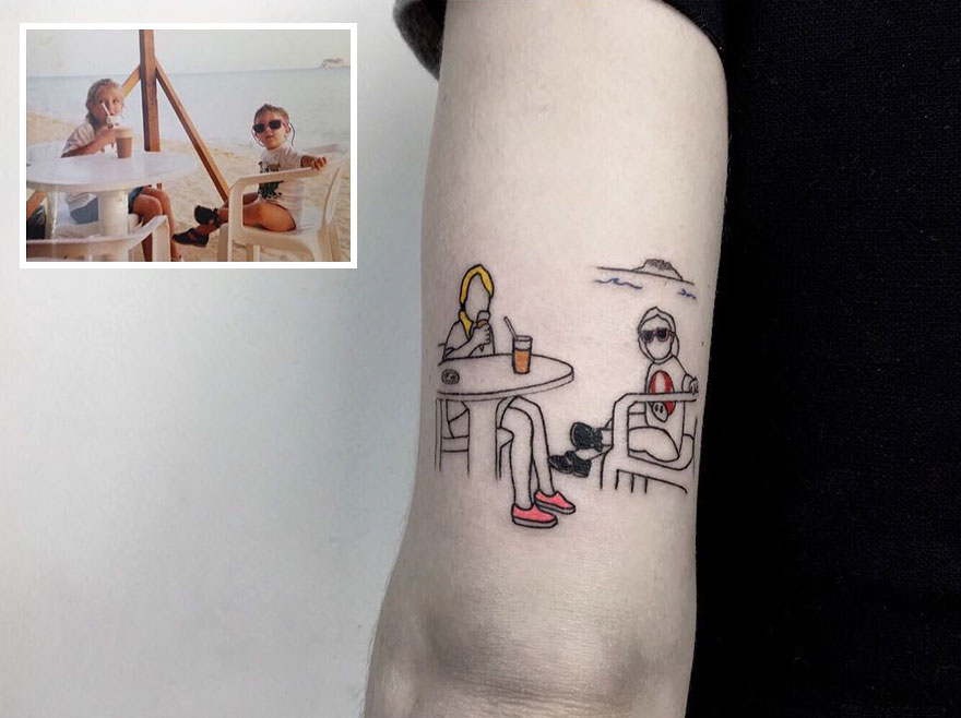 Stylish tattoos of a childhood photo, artistically recreated on an arm.