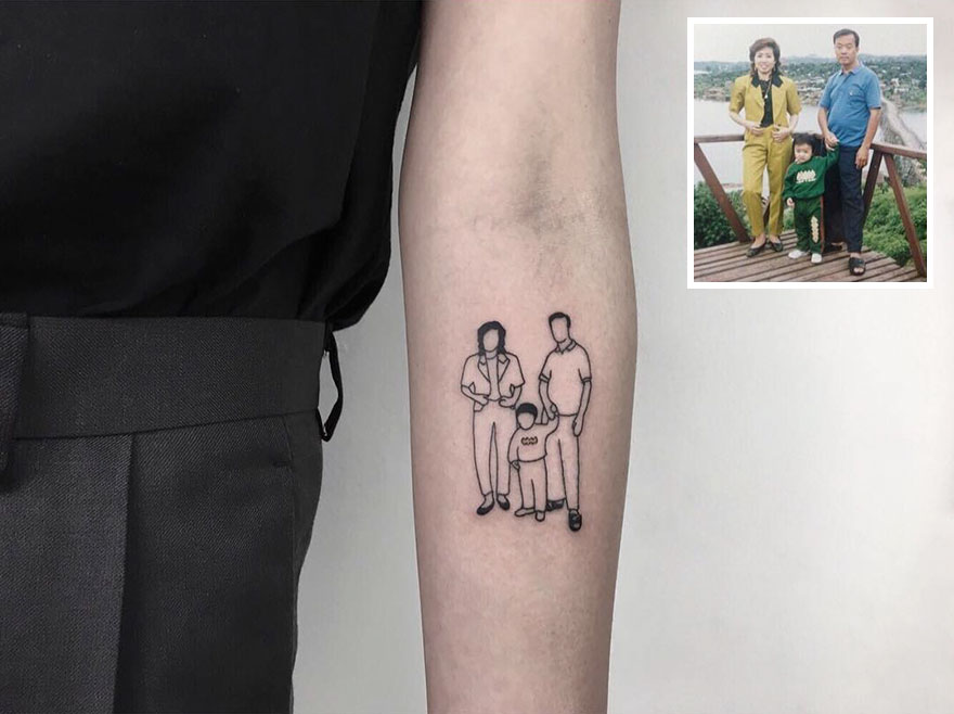Tattoo of a nostalgic childhood photo sketched on a person's forearm, with original family picture inset.