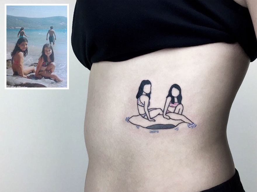 Stylish tattoo of nostalgic childhood photo on person's side, featuring two girls on the beach.