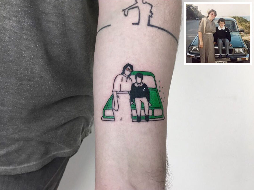 Stylish tattoo of a nostalgic childhood photo, depicting two figures standing by a car, on a person's arm.