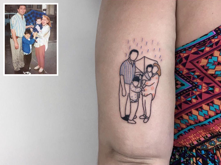 Tattoo of nostalgic childhood photo on arm, showcasing family under an umbrella.