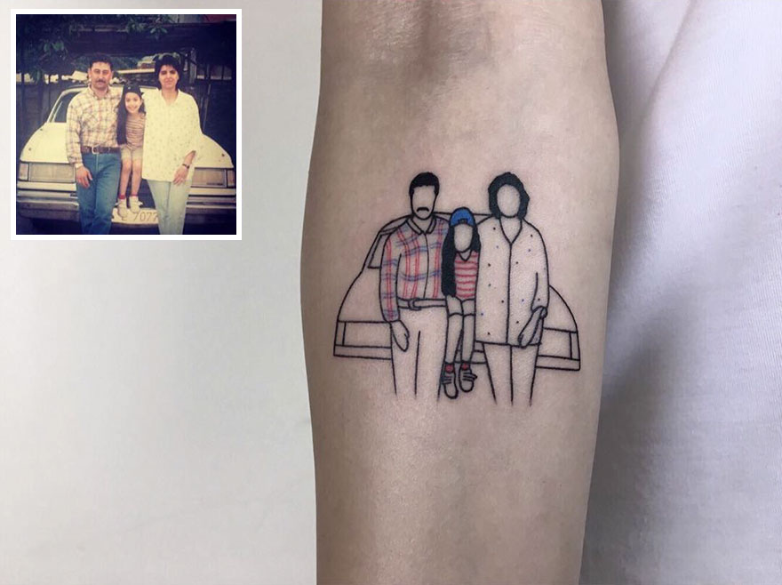 Tattoo of a family from a nostalgic childhood photo, illustrating stylish body art.