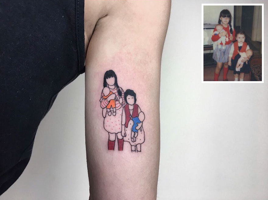 Stylish tattoo of childhood photo on arm, capturing nostalgic memories.