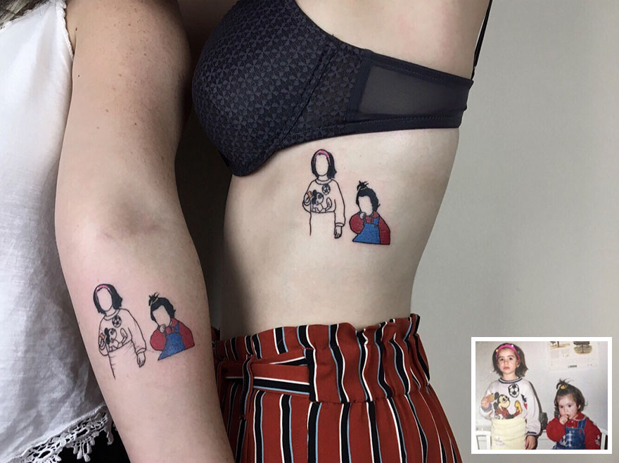 Stylish tattoos of nostalgic childhood pics on arm and side, inspired by original photo.