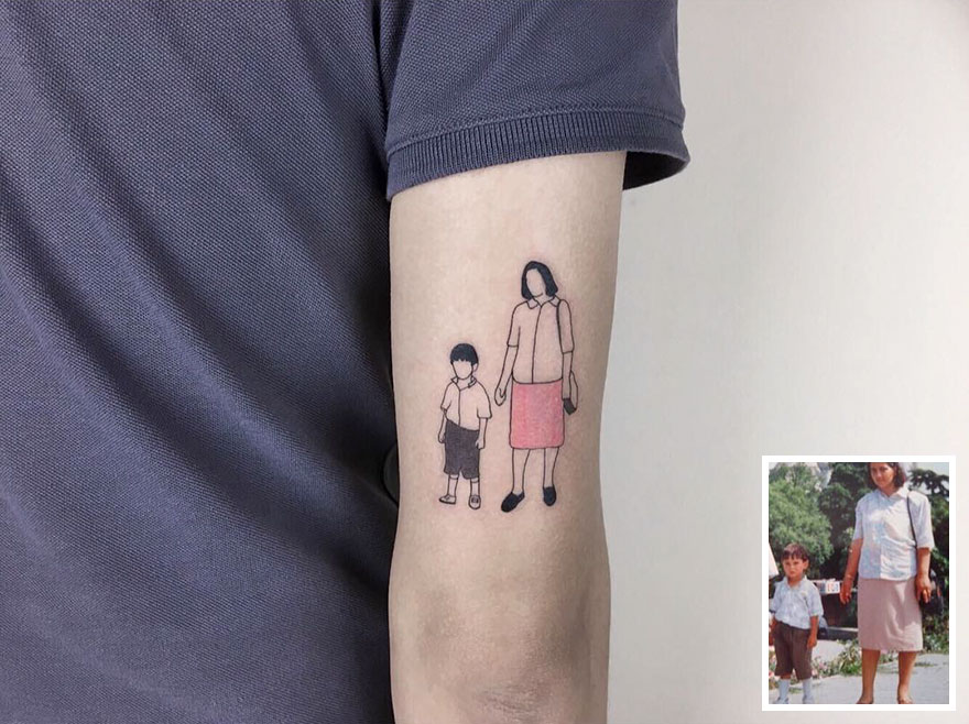 Tattoo of nostalgic childhood photo on arm, featuring a woman and child, styled and simplified.