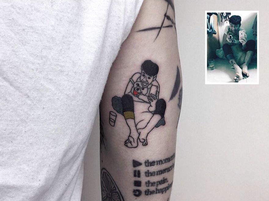 Stylish tattoo of nostalgic childhood photo on arm, depicting a seated boy with a toy.
