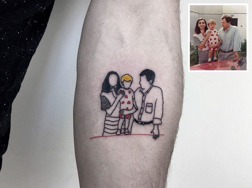 Tattoo of a family picture on an arm, showcasing nostalgic childhood memories as stylish skin art.