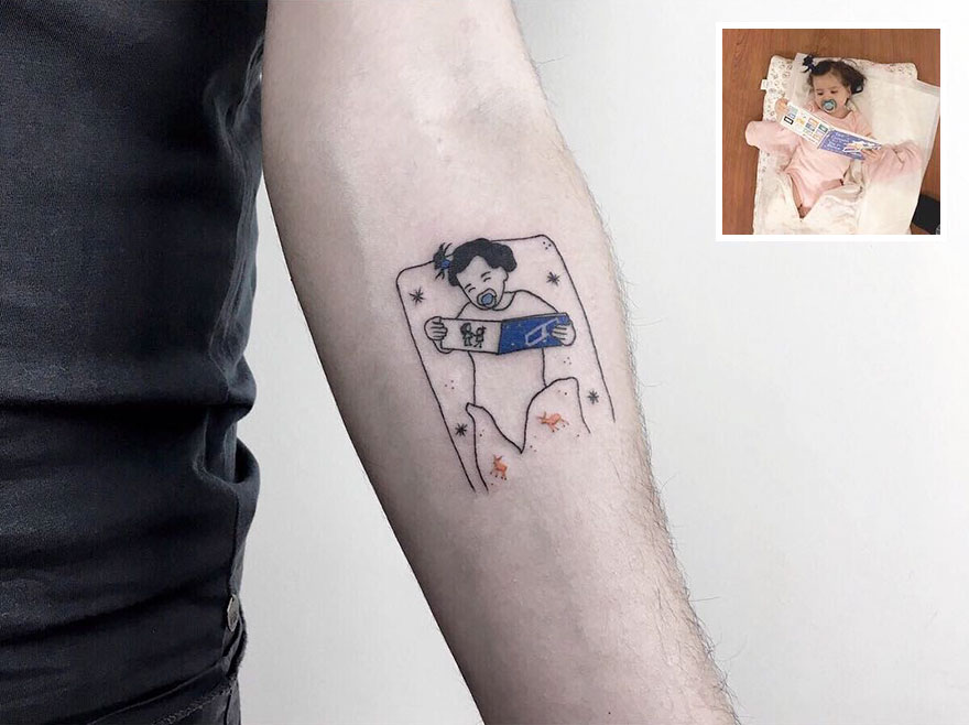 Tattoo of a nostalgic childhood photo on forearm, depicting a child reading a book.