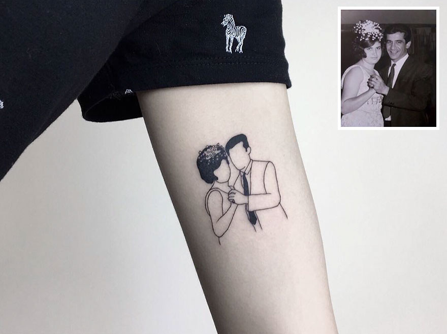 Tattoo of a nostalgic childhood photo on an arm, featuring a couple dancing.