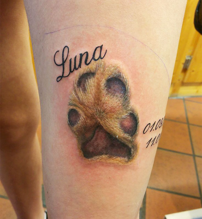 Dog paw print tattoo with "Luna" and dates, showcasing art on skin.