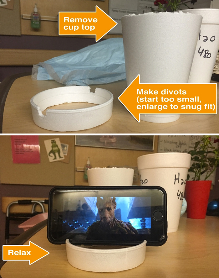 Make A Phone Stand In The Hospital From A Styrofoam Cup For Hands-Free Viewing