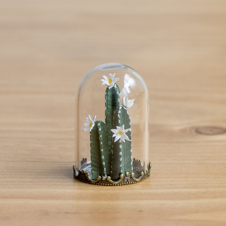 Tiny Terrariums With Miniature Paper Plants, Blooming Cacti And Flowers