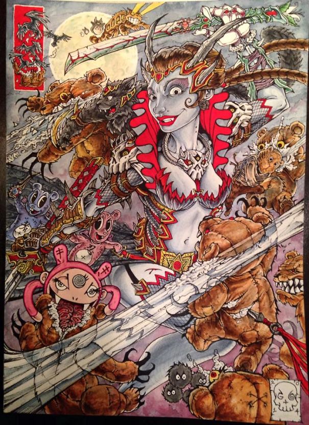 My Boyfriend Made This Painting Of Me, My Cat And My Stuffed Toys Fighting An Army Of Evil Teddy Bears.