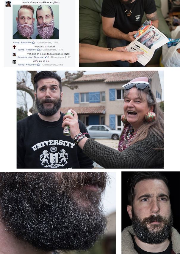 In November On Facebook My Mom Asked My Husband If He Dares To Wear Glitters In His Beard. He Answered "Ok, For Christmas" And She Callenged Him To Go To The Xmas Fair With It. On Christmas She Had Printed The Screenshot And Offred Him A Glitter Bomb. Annnnnnd They Did It.