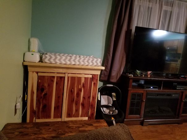 My Husband Built Me A Changing Table So I Wouldn't Have To Kneel At The Makeshift One On The Coffee Table Every Time Our Son Needed Changed. It Matches Our Other Furnature- Which He Also Built.