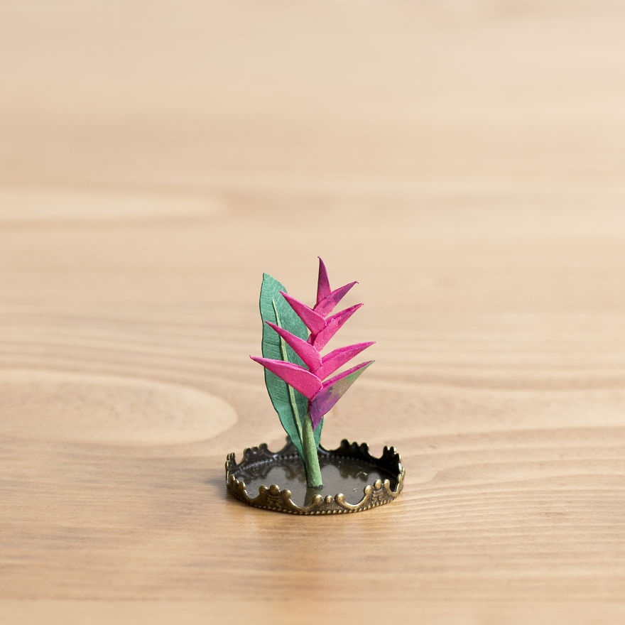 Tiny Terrariums With Miniature Paper Plants, Blooming Cacti And Flowers