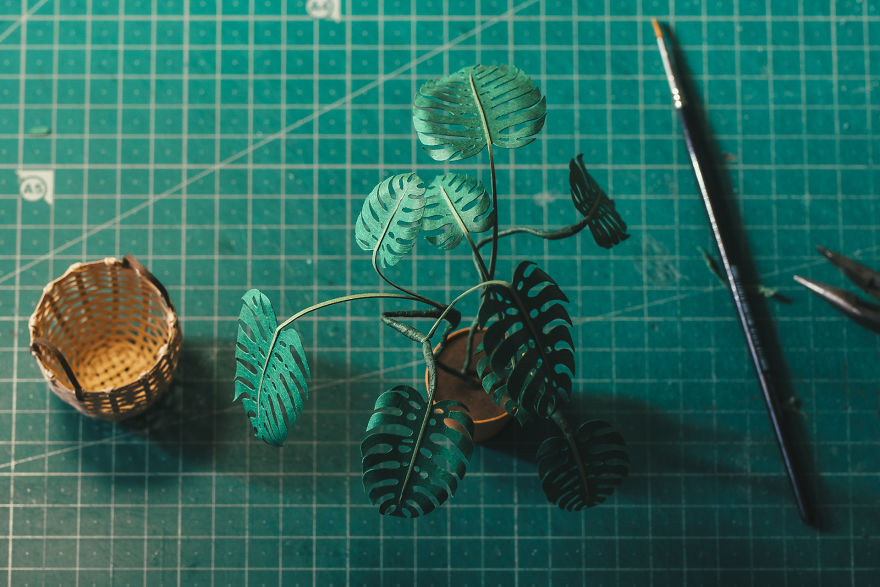 Tiny Terrariums With Miniature Paper Plants, Blooming Cacti And Flowers