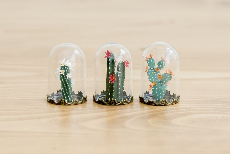 Tiny Terrariums With Miniature Paper Plants, Blooming Cacti And Flowers