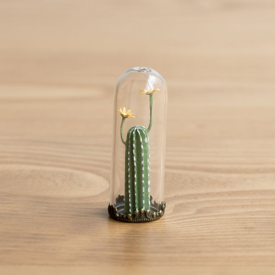 Tiny Terrariums With Miniature Paper Plants, Blooming Cacti And Flowers