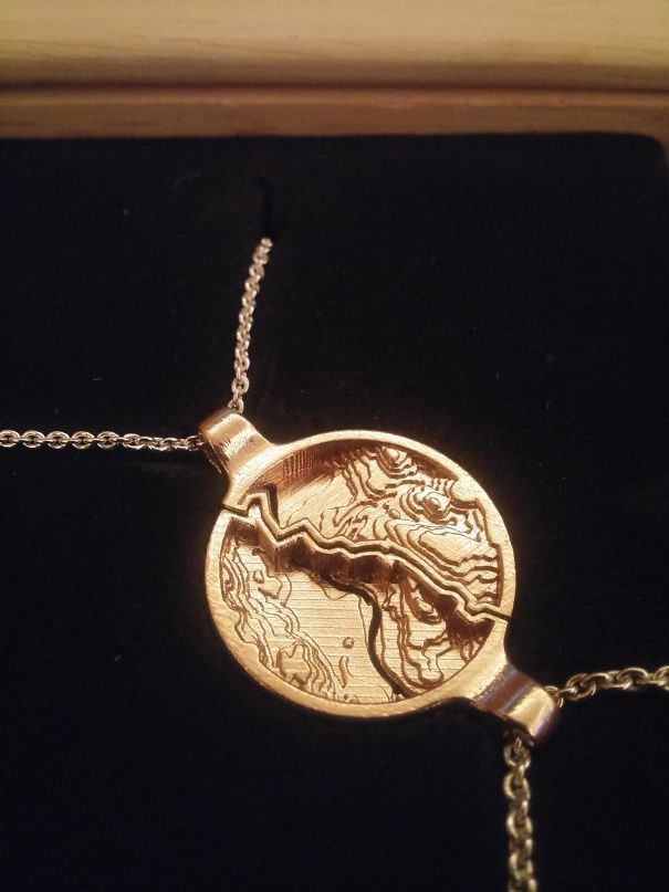 I Made My Girlfriend And I Interlocking Topographic Pendants Of Our Hometown. The Split Is The Road Between Our Houses. Modeled In Solidworks And Cast In Bronze Through Shapeways