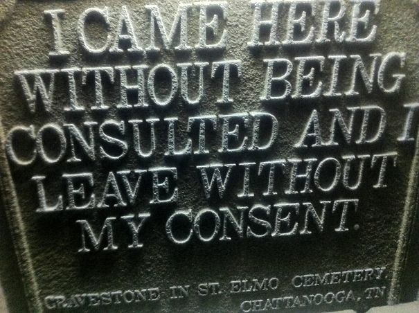 Funny tombstone engraving seen in St. Elmo Cemetery Chattanooga with humorous undying humor inscription.