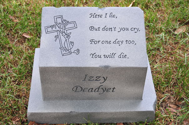 Gray tombstone with a humorous epitaph and floral cross engraving in a grassy cemetery, showcasing funny tombstones.