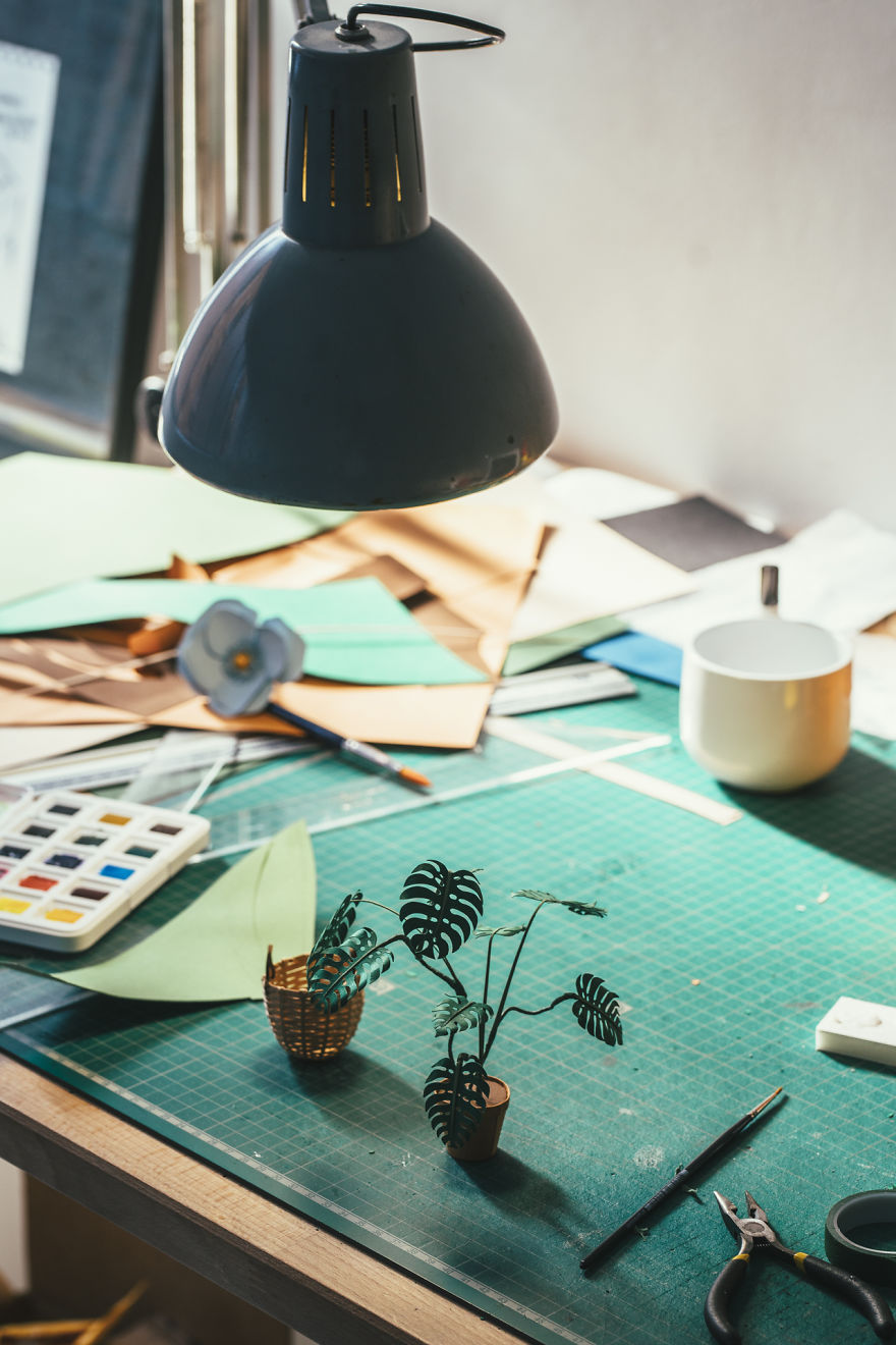 Tiny Terrariums With Miniature Paper Plants, Blooming Cacti And Flowers