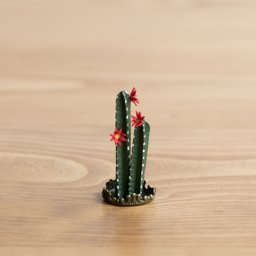 Tiny Terrariums With Miniature Paper Plants, Blooming Cacti And Flowers