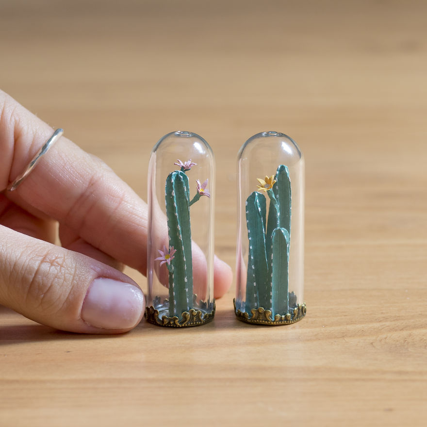 Tiny Terrariums With Miniature Paper Plants, Blooming Cacti And Flowers