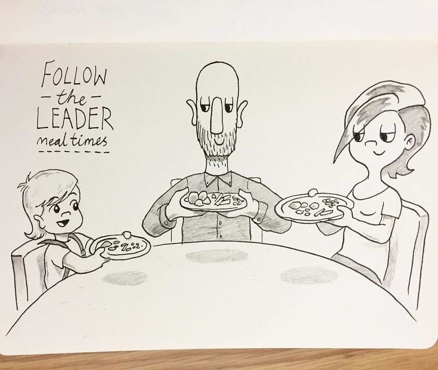 Sometimes At Dinner Poppy Will Suddenly Stop Eating And Raise Her Plate Up, Or Slide It Forward, Or Do Something With Her Cutlery, Starting An Impromptu Game Of Follow The Leader