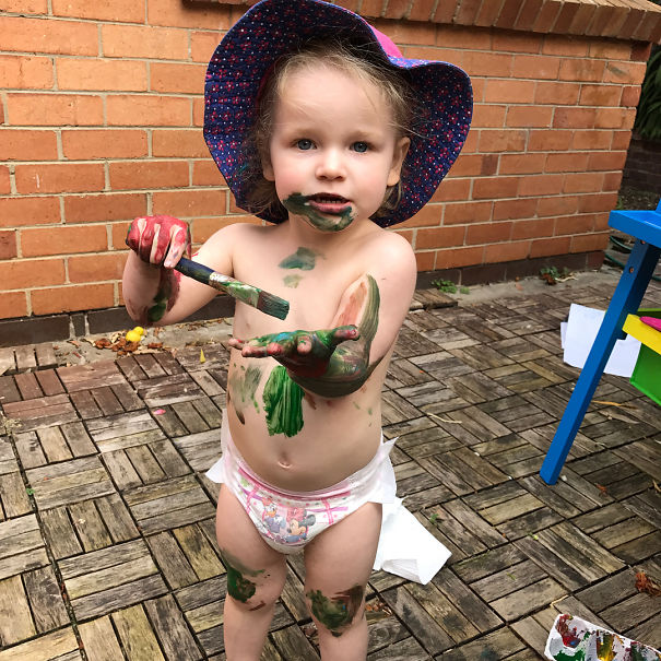 So We Thought We Would Have An Afternoon Of Art, I Set Up Her Easel And Paints And Went To The Kitchen Whilst Mini Picasso Went To Work.... A Few Minutes Later I Walked Outside To Find Someone Had Decided To Explore Visual Art With Herself As The Canvas! Thank Goddess For Washable Paints! '
'
'
'
'
'