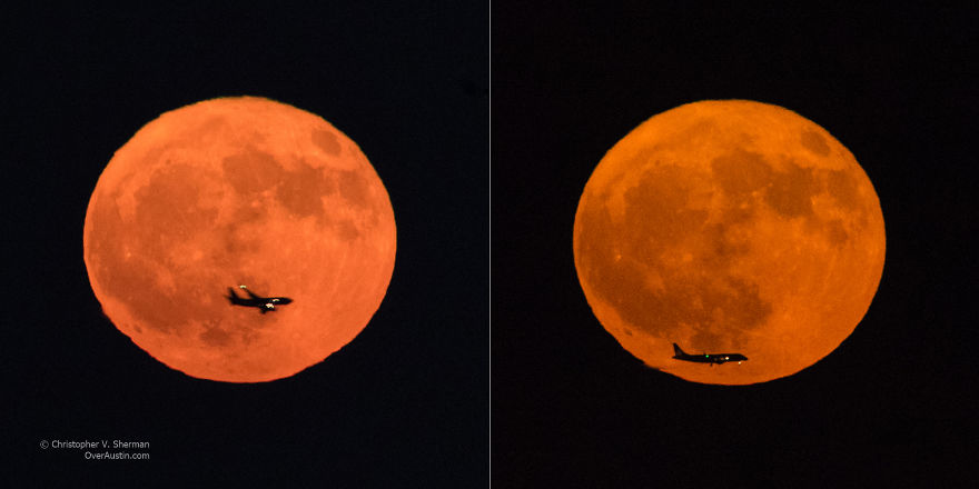 I Caught Two Separate Planes Transiting Last Night’s Harvest Moon Over Austin, Tx I Caught Two Separate Planes Transiting Last Night’s Harvest Moon Over Austin, Tx