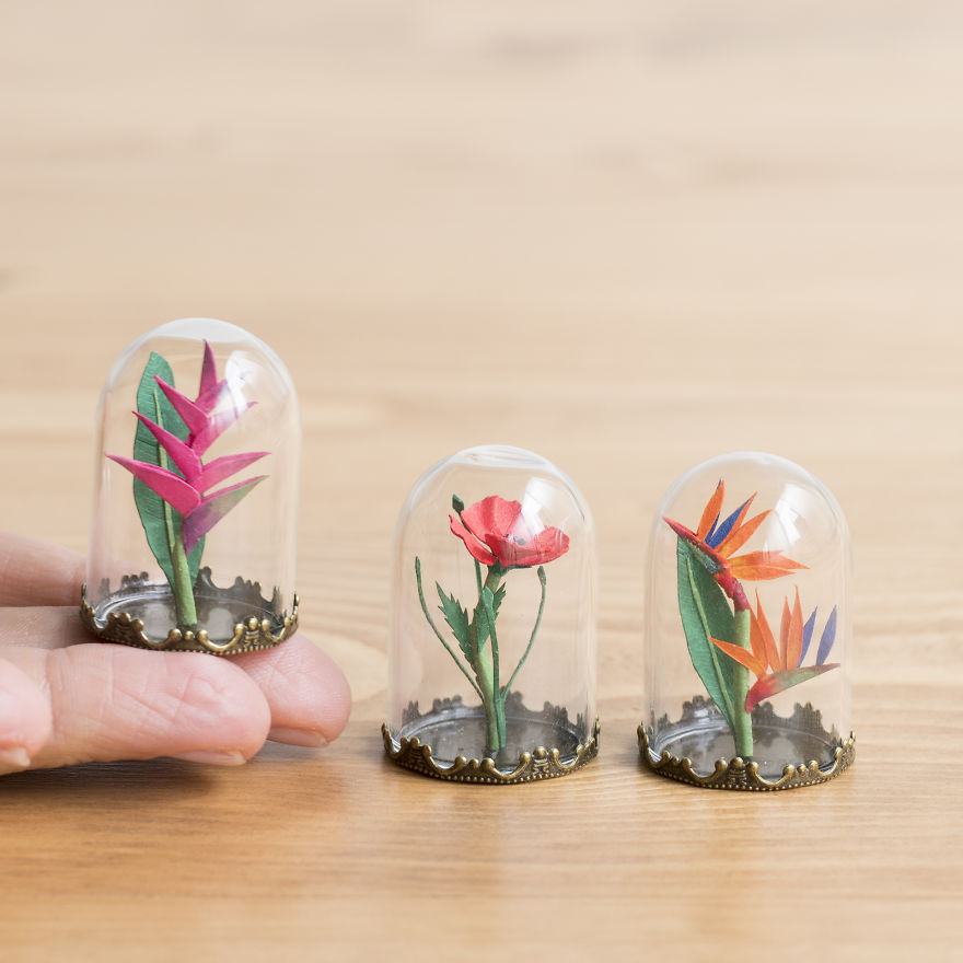 Tiny Terrariums With Miniature Paper Plants, Blooming Cacti And Flowers