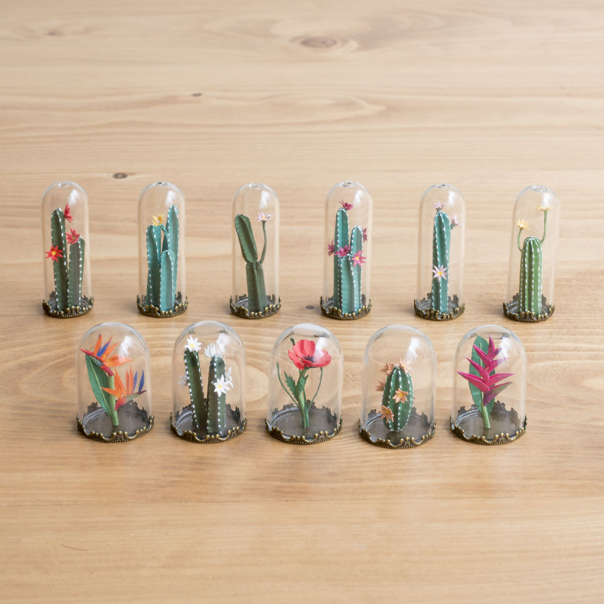Tiny Terrariums With Miniature Paper Plants, Blooming Cacti And Flowers
